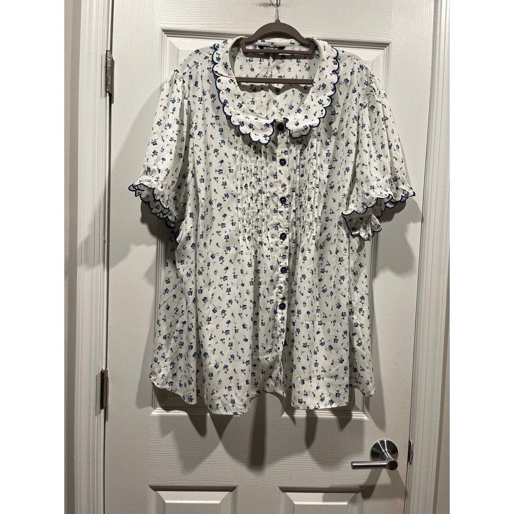 Bloomchic Plus Size 30 White‎ Blue Floral Scalloped Collar Pintuck Blouse Top